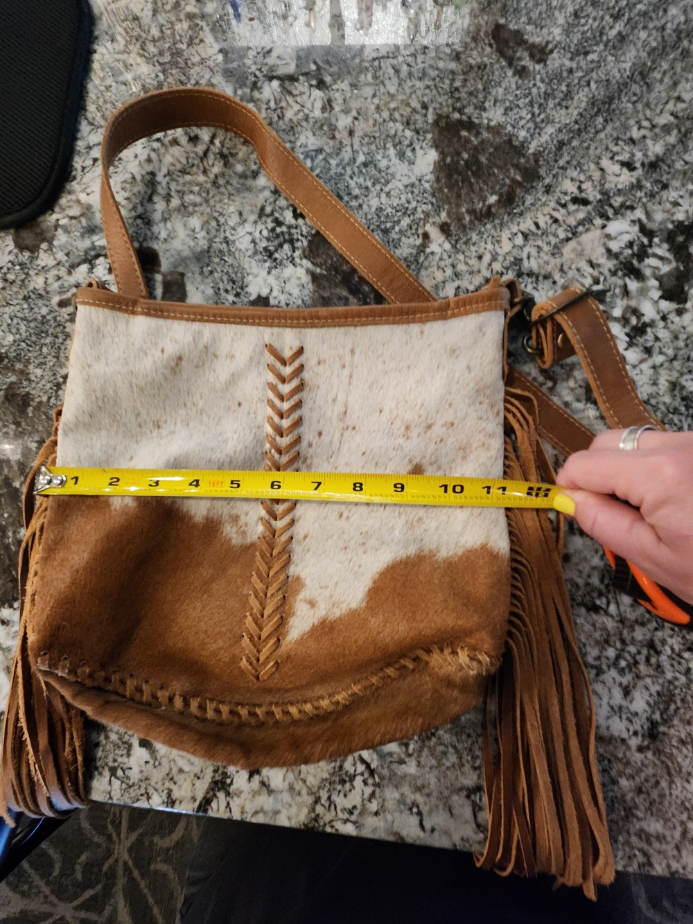 Myra Leather and Cowhide Fringe Shoulder Bag in Brown and White